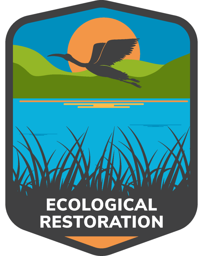 Badge showing a flying heron silhouette over water and hills, with marsh grasses below and text reading 'Ecological Restoration'