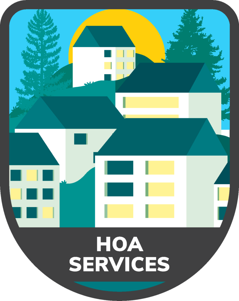 Badge showing residential buildings with green roofs against evergreen trees and a yellow sun, text reading 'HOA Services