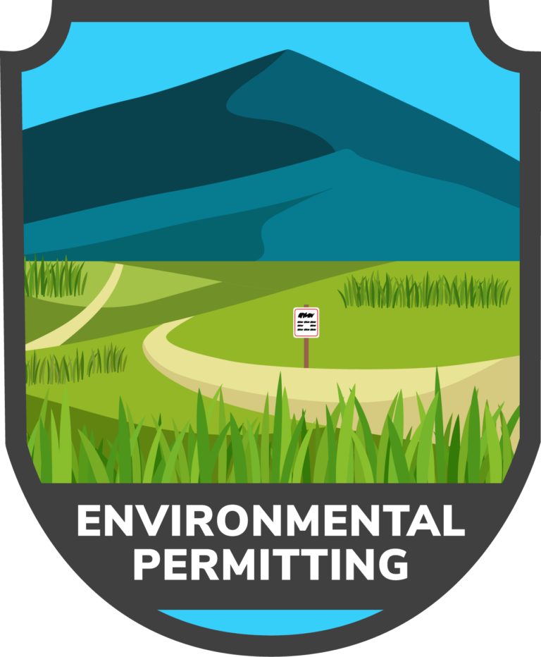 Badge showing winding path through green hills with permit sign, mountains in background, text reading 'Environmental Permitting'