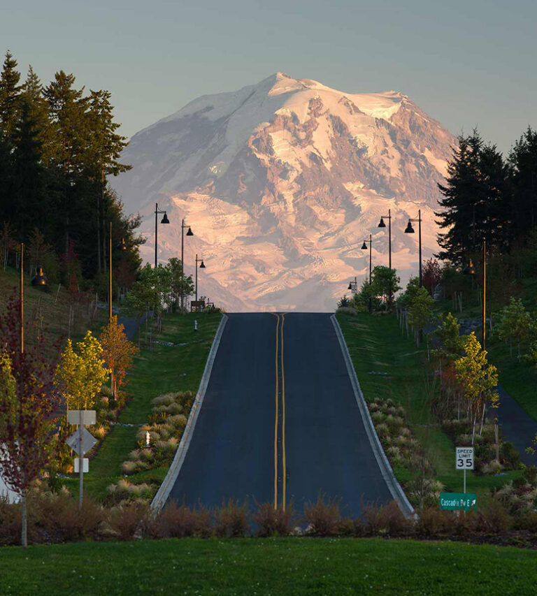 Straight road rising toward a distant sunlit snow-covered mountain, flanked by trees and streetlamps at dusk.