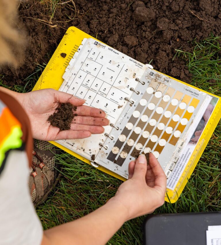 Person in a safety vest holding soil and comparing it to a Munsell soil color chart on grass.