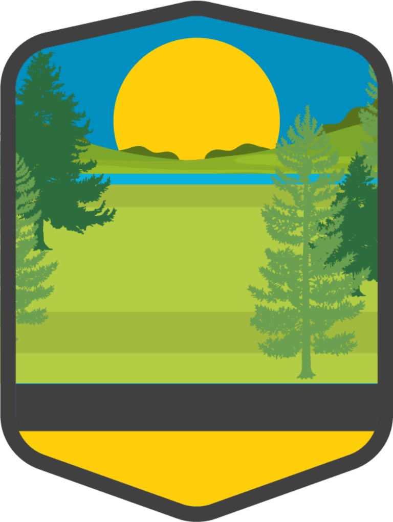 Stylized badge showing a sunrise over rolling green hills and a lake, framed by evergreen trees and a dark border with a yellow banner area at the bottom
