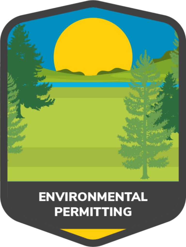 Stylized badge showing a sunrise over hills and a lake with evergreen trees, labeled "Environmental Permitting"