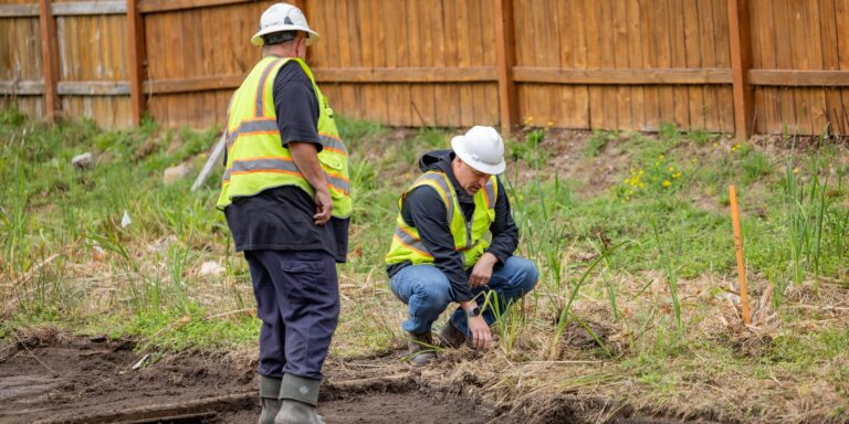 Two construction workers in hard hats and reflective vests inspecting soil and plants near a wooden fence.