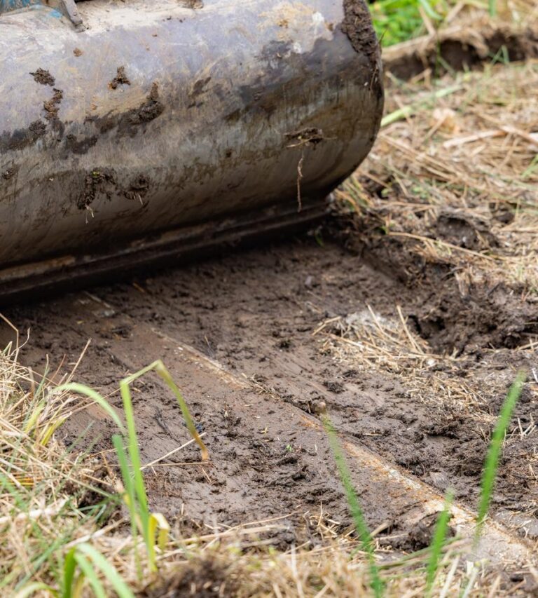 Excavator bucket scooping muddy soil and creating a shallow trench through dry grass and dirt