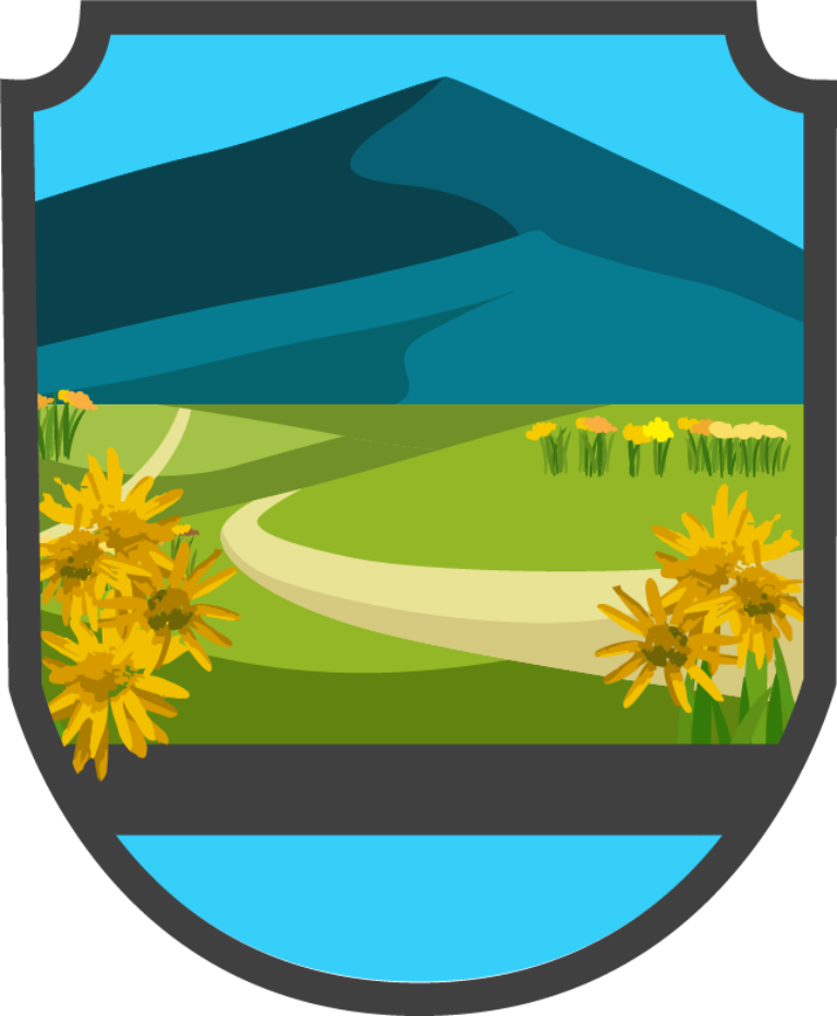 Shield-shaped emblem showing a winding path through green fields with yellow wildflowers and blue mountains in background