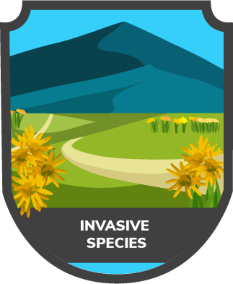 Shield-shaped emblem showing yellow invasive flowers by a winding path toward green hills; text below reads "INVASIVE SPECIES"