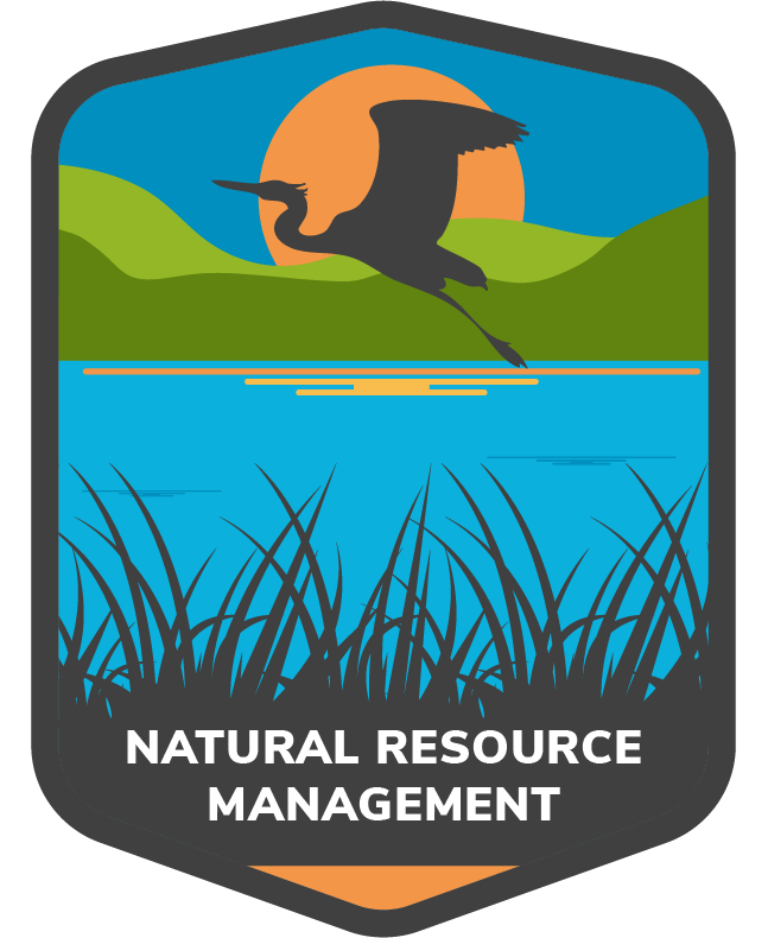 Stylized badge showing a heron flying over a lake with reeds, hills and setting sun, caption "Natural Resource Management"