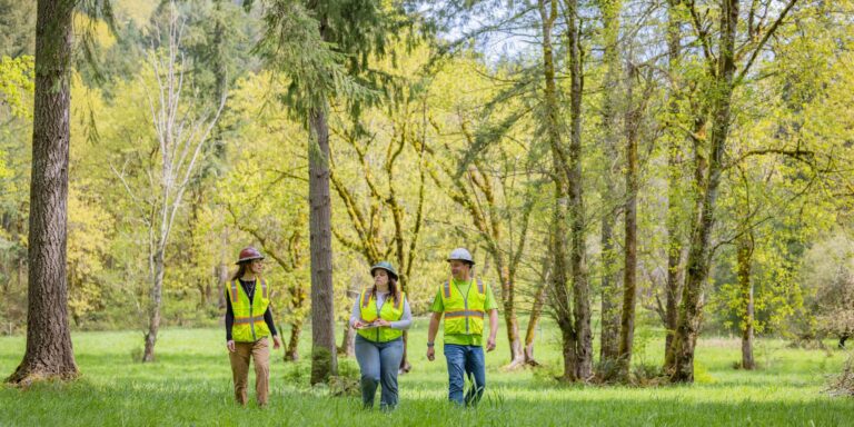 Three forest workers wearing hard hats and high-visibility vests walking through a grassy, tree-filled park while talking.