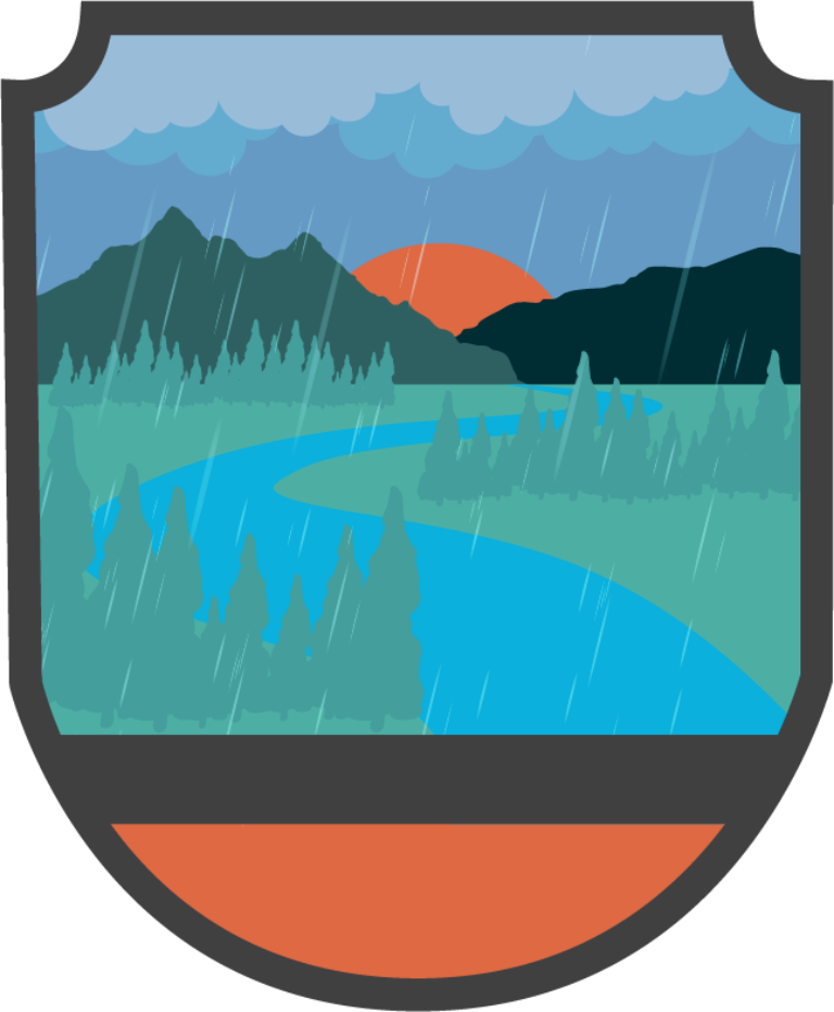 Stylized shield-shaped landscape with a winding blue river, evergreen forest, mountains, rainy sky, and an orange setting sun.