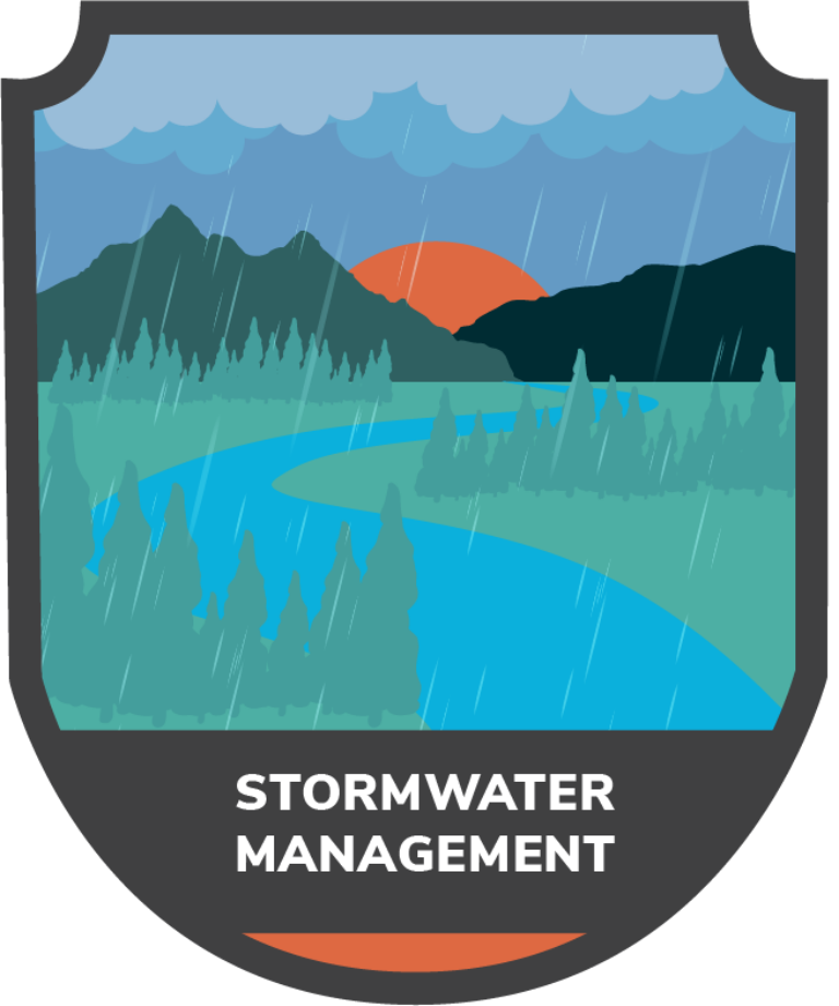 Shield-shaped emblem showing a rainy landscape with river, pine trees, mountains and orange sunset, labeled "Stormwater Management"