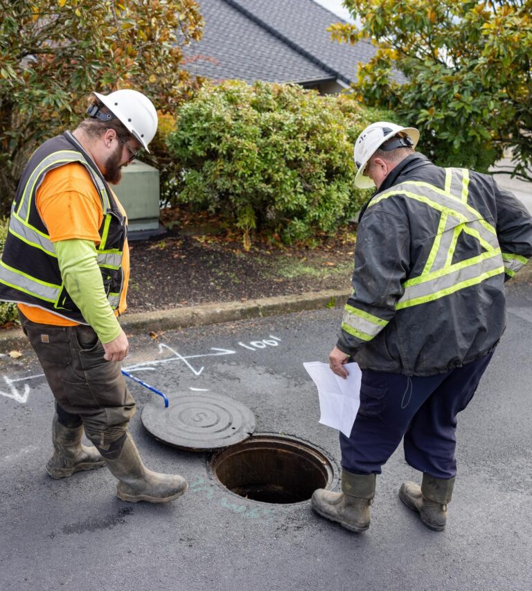 Two utility workers in safety vests and hard hats inspecting an open manhole on a residential street.