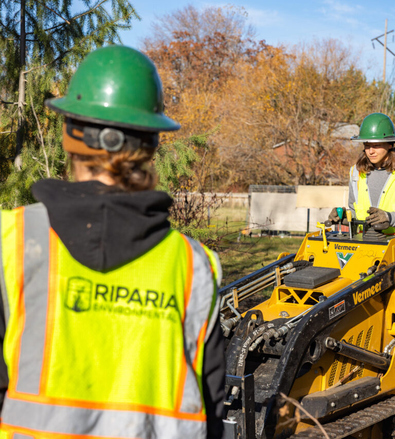 Two workers in green hard hats and high-visibility vests operating a yellow Vermeer mini skid steer among trees
