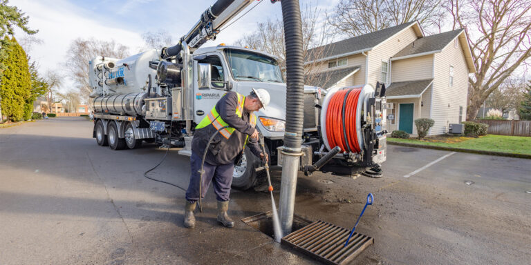 Worker in hard hat and high-visibility vest using a vacuum truck hose to clean a storm drain in a residential street