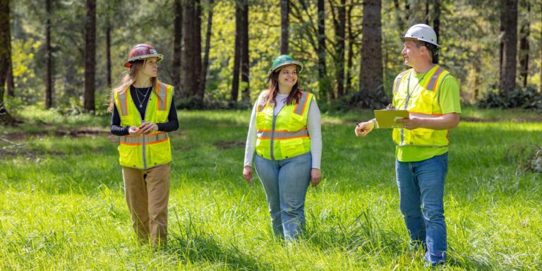 Three construction workers wearing hard hats and high-visibility vests walking and talking in a sunny forest clearing
