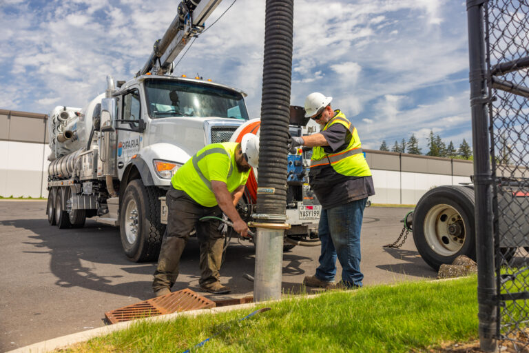 Two utility workers in hard hats and high-visibility vests operating a large vacuum truck hose over a storm drain in a parking lot.