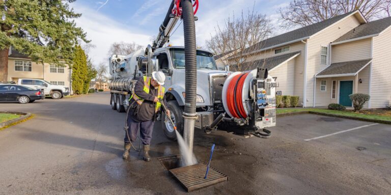 Worker in safety vest and hard hat pressure-washing a storm drain while standing beside a large vacuum truck in a residential lot